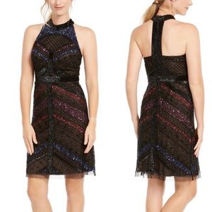 Adrianna Papell | Beaded Sequin Cocktail Dress Halter Neck Black Rainbow Size 14